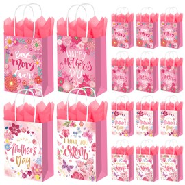 DECEED 16 PCS Mothers day gift bag with Tissue Paper 6.3"×8.3" Happy Mother's Day Gift Bag Bulk Treat Wrap Gift Bags for Mothers Theme