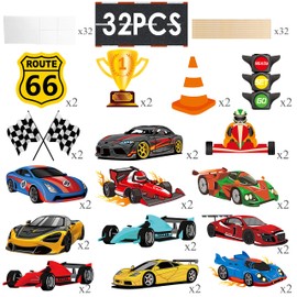 32pcs Race Car Centerpieces Sticks Racing Party Centerpieces Decorations Checkered Party Table Toppers for Racing Car Theme Birthday Party Baby Shower Supplies