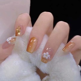 Gifiky Medium Coffin False Nails Daisy Press on Nails Gradient Nails Tips Acrylic Cute Glitter Fake Nails for Women and Girls 24Pcs