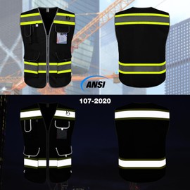 TCCFCCT Safety Vest for Men Women 9 Pockets High Visibility Vest with Fluorescent Yellow Extend Edge, Reflective Work Vest for Surveyor, Durable & Breathable, Meets ANSI/ISEA, (DB-Black, Large)