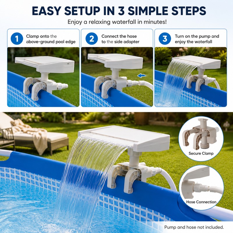 Pool Waterfall Fountain for Above-Ground Pools – Adjustable Clamp Spillway
