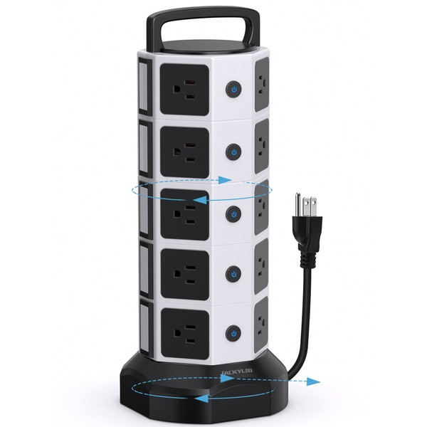 Power Strip Tower Surge Protector 1050J, JACKYLED 20 AC Outlets 6 USB Ports, 3000W 13A Desktop Electrical Charging Station, 6.5ft Heavy Duty Extension Cord, for Home, Office, Garage, White Black