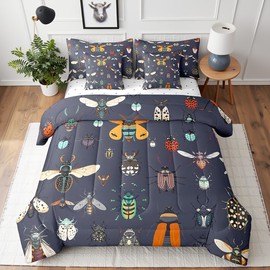 Beetles Comforter Set 7 Pieces Reversible,Cartoon Ladybug Moth Bed Set for Boys Girls,Nature Wild Animals Bedding Soft Full (1 Comforter,2 Pillowcase,2 Pillow Covers,1 Flat Sheet,1 Fitted Sheet)