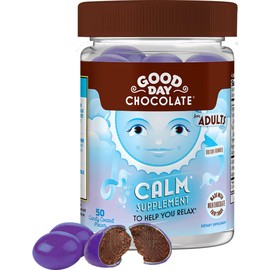 Good Day Chocolate Natural Calming Supplement for Adults, Blend of Camomile, Theanine, Magnesium, Fair Trade and Non-GMO Chocolate, 50 Pieces