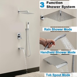 ShiureBath 12 Inch Shower Faucet Set with Tub Spout Bathroom Shower System with 12 Inch Rain Shower head and Handheld Shower Head Set, Polished Chrome
