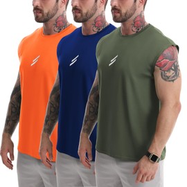 LSLXYWZX Men's Tank Tops 3 Pack Sleeveless Workout Mesh Material Quick Dry Athletic Running Gym Muscle Beach Fitness Shirts (US, Alpha, XX-Large, Regular, Regular, Orange+Blue+Army)