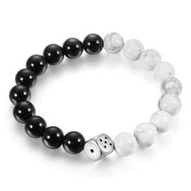 BIYONGDE10MM Black and White Beaded Bracelet, Black Onyx and Howlite Gem Stone Bead Chain Bracelet with Steel Cube Dice Charm, Stretchable, Lucky Fortune
