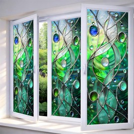 Privacy Window Film Stained Glass Window Blue Green Wave Decorative