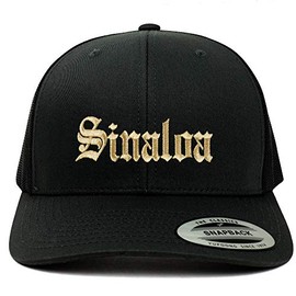 Trendy Apparel Shop Old English Sinaloa Gold Embroidered Retro Trucker Mesh Cap- Black
