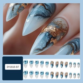 CLDLTS Press on Nails Medium Almond Shaped Blue Smudge False Nail Press Ons with Design Gold Foil Stripes Full Cover Artificial Acrylic Nails Glossy Reusable Glue on Nails for Women
