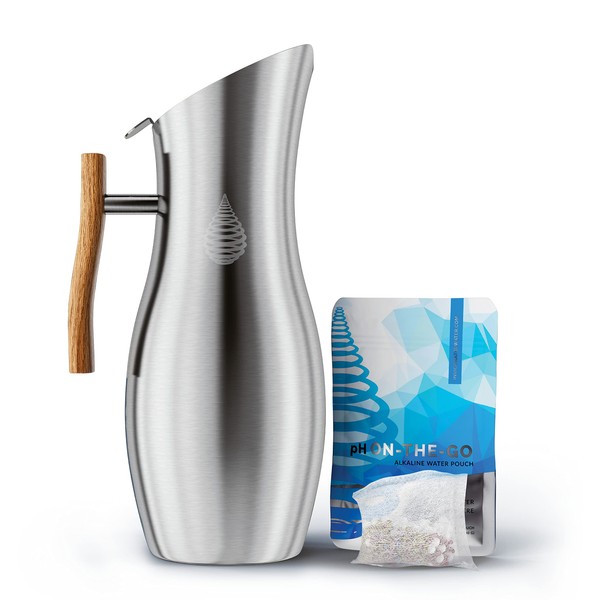 pH Vitality Stainless Steel Alkaline Water Pitcher - Alkaline Water Filter Pitcher by Invigorated Water - High pH Filtered Water - Includes Long Life Filter, 64oz 1.9L (Silver)