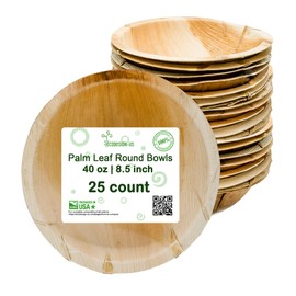 ECODESIGN-US 40 oz Palm Leaf Serving Bowls – 25 Natural Disposable Deep Bowls – Rustic-Style Dinnerware for Parties and Catering – Palm Leaf Alternative to Bamboo Plates