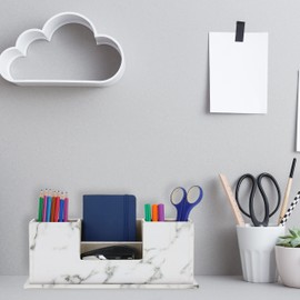 Relaxdays Desk Organiser, Pen Holder with 4 Compartments, Marble Look, HBD: 11 x 29.5 x 11 cm, Office Organiser, White