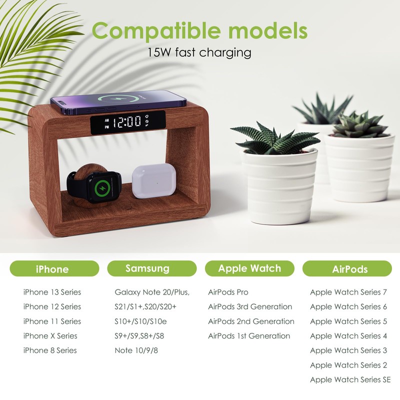 HQOBZX Wooden Bedside Table Lamp with Wireless Charging Station, LED