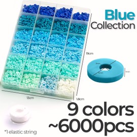 Premium Clay Beads, 6000 Pcs Blue Clay Beads Refill with Elastic String, Flat Round Heishi Beads, Friendship Bracelet Beads, 6mm Polymer Clay Beads Only for Jewelery Making Kits