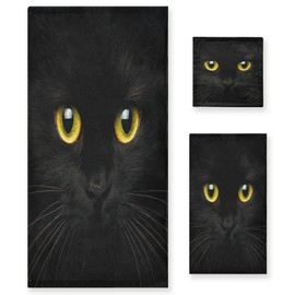 3-Piece Towel Set, Cute Black Animal Cat Bath Towel Sets Absorbent Soft Towels for Bathroom Quick Dry Cotton Bath Sheets (Contains 1 Bath Towel, 1 Hand Towel, 1 Washcloth)