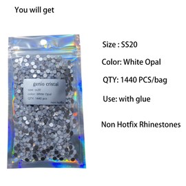 Genio Cristal White Opal SS20 Flatback Rhinestones, 1440 PCS Non-Hotfix Gems for Shoes, Tumblers, Nail Art, Skirts, Graduation Caps, and DIY Crafts – Subtle Iridescent Glue-On Strass Stones