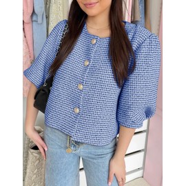 Cicy Bell Womens Cropped Tweed Blazers Puff Short Sleeve Crew Neck Button Business Casual Suit Jackets Blue