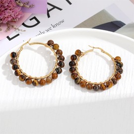 Dainty Natural Stone Beaded Large Big Hoop Earrings for Women 18K Real Gold Plated Boho Colorful Ball Huggie Hoops Round Circle Hooped Hypoallergenic Minimalist Fashion Jewelry Gifts (Tiger Eye)