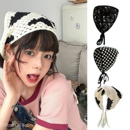 Funlovin Crochet Bandana Headband Black Milk-White Head Scarf Headband Non Slip Comfortable Knit Scarf Headband Triangle Kerchief Headband for Women Girls