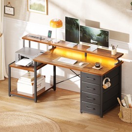 ODK 55 Inch Computer Desk with Power Outlets & 4 Drawers, Home Office Desk with Monitor Stand & Shelves, Vintage