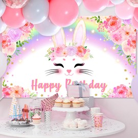 Avezano Bunny Birthday Banner Pink Floral Rainbow Bunny Happy Birthday Party Decorations Bunny Birthday Banner Decorations for Girls Rabbit Spring Easter Birthday Party Supplies 70.8 x 43.3 Inch
