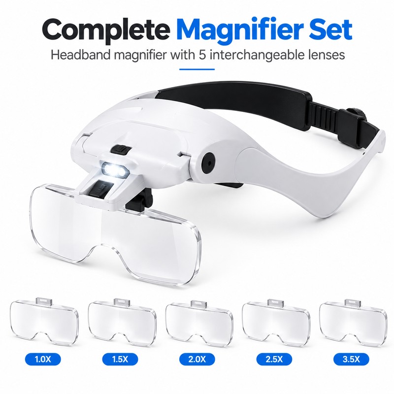 Hand-Free LED Headband Magnifier for Detail Work – 5-Lens Adjustable