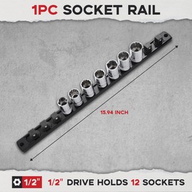 Reniteco 1/2-Inch Drive Magnetic Socket Organizer, Heavy Duty Aluminum Socket Rail Organizer, 360° Swivel Clips Socket Holder Kit for Tool Box, 1/2-Inch Socket Holder x 12 Clips (Black)