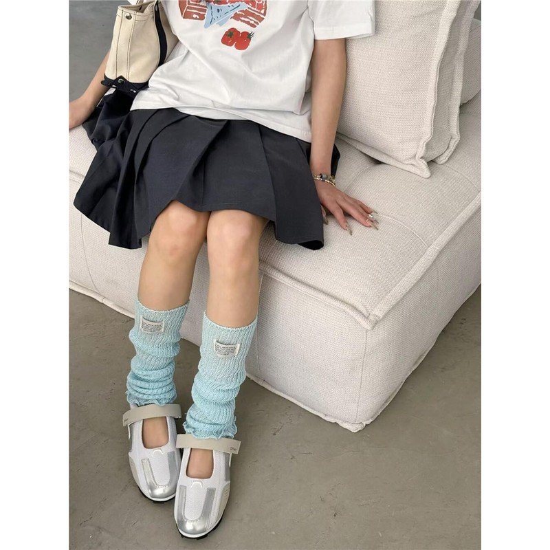 [Eukkis] 春夏薄手40cmコットンレッグウォーマー 足首保温 冷房対策 フリルハイソックス Y2Kリブニットルーズソックス 柔らか肌触り スカイブルー