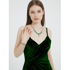 LMXXVJ Prom Formal Costume Silver Jewelry Set for Women,Created Green Emerald Necklace Earring Bracelet Wedding Accessories Jewelry Set for Bride Bridesmaid