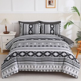 Dinjoy King Size Comforter Set Boho,Dark Gray Bedding Set 7 Pieces Bed in A Bag Aztec Stripes Comforters Black Complete Set Bohemian Bed Sets for Men Summer 90"×104"