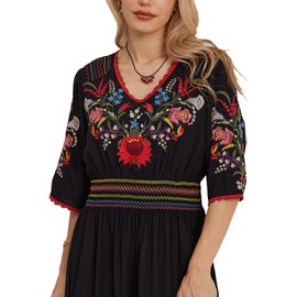 Hgustar Mexican Embroidered Dress for Women Boho Traditional Fiesta Summer Peasant Bohemian Floral Midi Cocktail Dresses