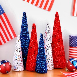 Anglechic 6 Pcs 4th of July Cone Trees Red White Blue Glitter Table Tree Decor Independence Day Cone Ornaments Patriotic Table Centerpiece for Memorial Day Party Veterans Home Shelf Kitchen