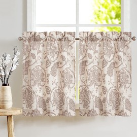 TOPICK Net Curtain, Linen Curtain, Floral Printed Bistro Curtain, Semi-Transparent Curtain, Window Curtain for Kitchen, Living Room, Country House, Set of 2, 65 W x 60 H (cm) Brown on Beige