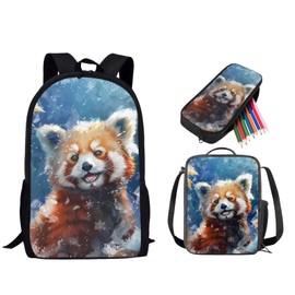 Sannovo 3 Pack Kids School Backpack Set, Red Panda Large Backpack for Boys Girls, Animal Print Insulated Kids Lunch Bag with Strap Handle, Cute Kawaii Pencil Case for School, Blue and Brown