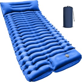 FUN PAC Camping Sleeping Pad, Ultralight Camping Pad with Pillow Built-in Foot Pump Inflatable Sleeping Mat Compact for Camping Backpacking Hiking Traveling - Blue, Single