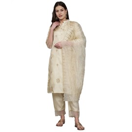 VredeVogel Women's Silk Blend Embroidered Kurta with Pant & Dupatta Set (Beige-X-Large)