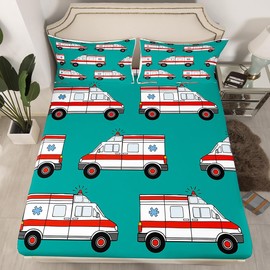 Feelyou Juego de sábanas de ambulancia, sábana ajustable para niños y niñas, juego de ropa de cama con dibujos de coches, microfibra, vehículos de respuesta a emergencias, funda de edredón verde, ropa