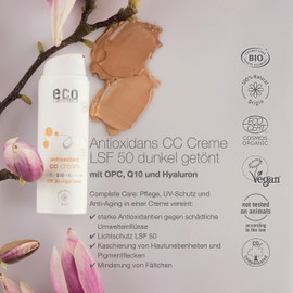 eco cosmetics Organic CC Cream, Day Cream Tinted with OPC, Q10 and Hyaluronic Acid, Vegan Anti Wrinkle Cream, SPF 50, 1 x 50 ml (Dark)