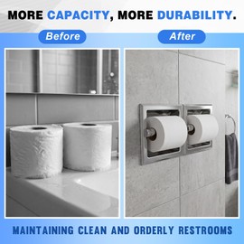 Recessed Toilet Paper Holder, Double Roll Wall Mounted Toilet Tissue Dispenser, 304 Stainless Steel Bathroom Storage Built-in Space Saving for Modern Commercial Restrooms
