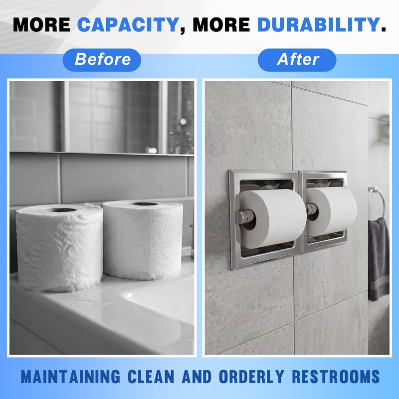 Recessed Toilet Paper Holder, Double Roll Wall Mounted Toilet Tissue