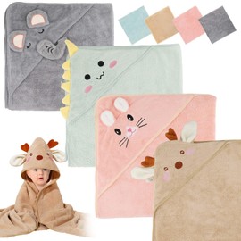 Nexhyp 8PCS Hooded Baby Towels Set, 4PCS Soft Absorbent Baby Bath Towels, 80x80CM Lovely Animal Design Baby Towel for Newborn Baby, Boys & Girls, Wearable Towels Set with 4PCS Wash Cloths