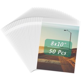 Frametory 8x10 Inches Acid-Free Plastic Sleeves Clear Storage Bags, 50 Pcs Self Sealing Cellophane Bags for 8X10 Art Prints, Photos, Mat Boards