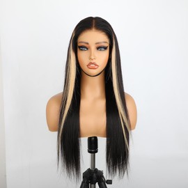 ISEE Block Wig Glueless Wigs Human Hair Pre Plucked Pre Cut With Optional Replaceable Tops Zip Wigs Human Hair 7X5 Streaks Highlight Glueless Wigs For Black Women 180% Density 20 Inch
