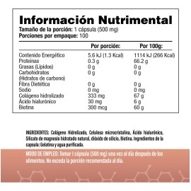 Biotina, Ácido Hialurónico Y Colágeno, 100 Cápsulas 500mg