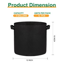 JERIA 12-Pack 5 Gallon Grow Bags, 300G Thickened Nonwoven Garden Pots,Heavy Duty Fabric Pots with Reinforced Handles
