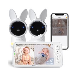 ARENTI Baby Monitor with 2 Cameras, 2K Smart Baby Camera with 5'' Upgraded Wireless Display, Super Night Vision, Breathing Light, Lullabies, Cry&Motion Detection, Temp&Humidity Sensor, 2 Way Audio