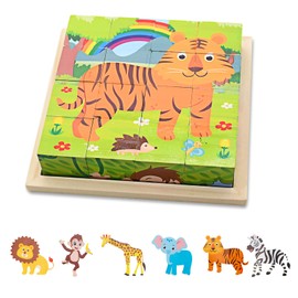 Wooden Cube Puzzle, 6-in-1 Animal Motifs, Wooden Puzzle, Montessori Toy, with 16 Cubes, Wooden Toy for Children from 3 4 5 Years, 3D Picture Cube, Puzzle Games, Gift for Boys and Girls, 16 x 16 cm