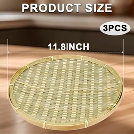Natural Bamboo Woven Trays, Round Handmade Stackable Basket for Kitchen, Dining, Garden Organization Flat Fruit Vegetable Storage (3 Pack 12 Inch)