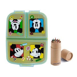 Mickey and Friends Sandwich Lunch Snack Box Multi Compartment Kids Children School Includes Half Size 12pcs Pencil Set
